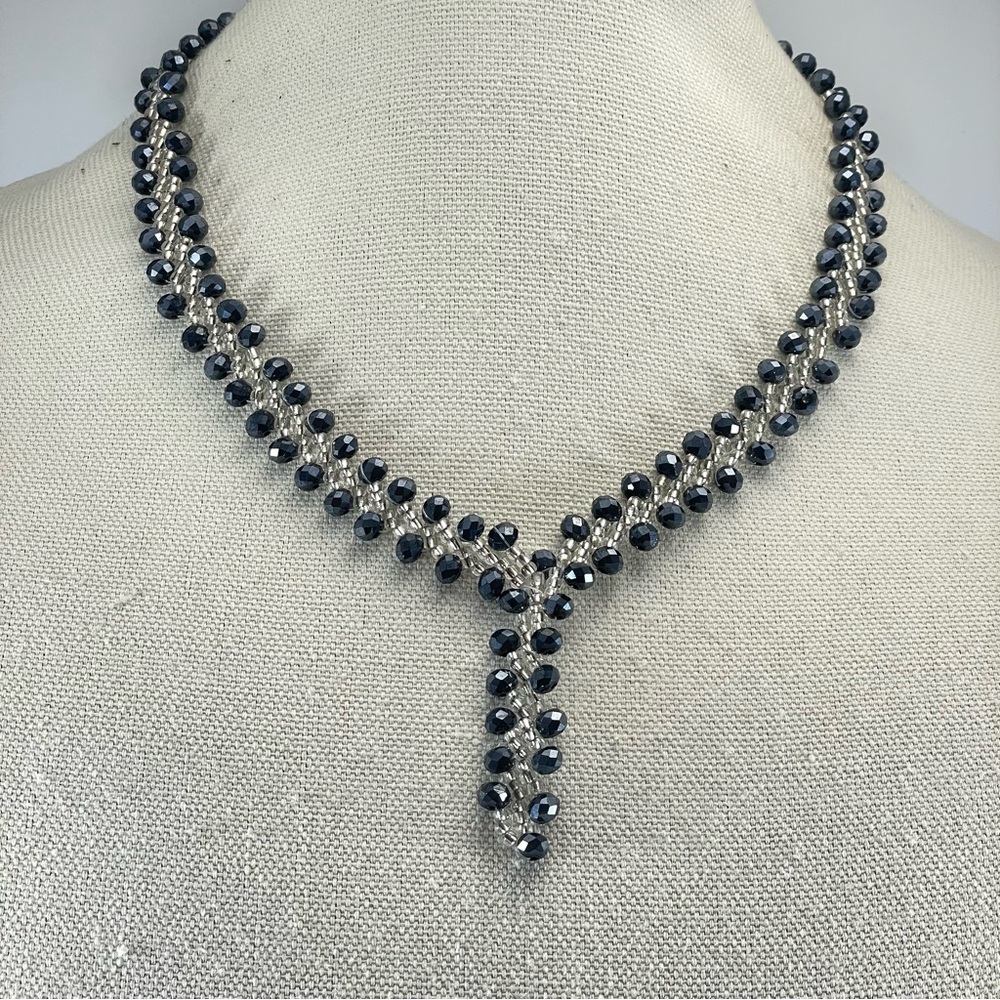 Stunning Handmade Crafted Glass Seed Bead Black Faceted Woven Beaded Necklace